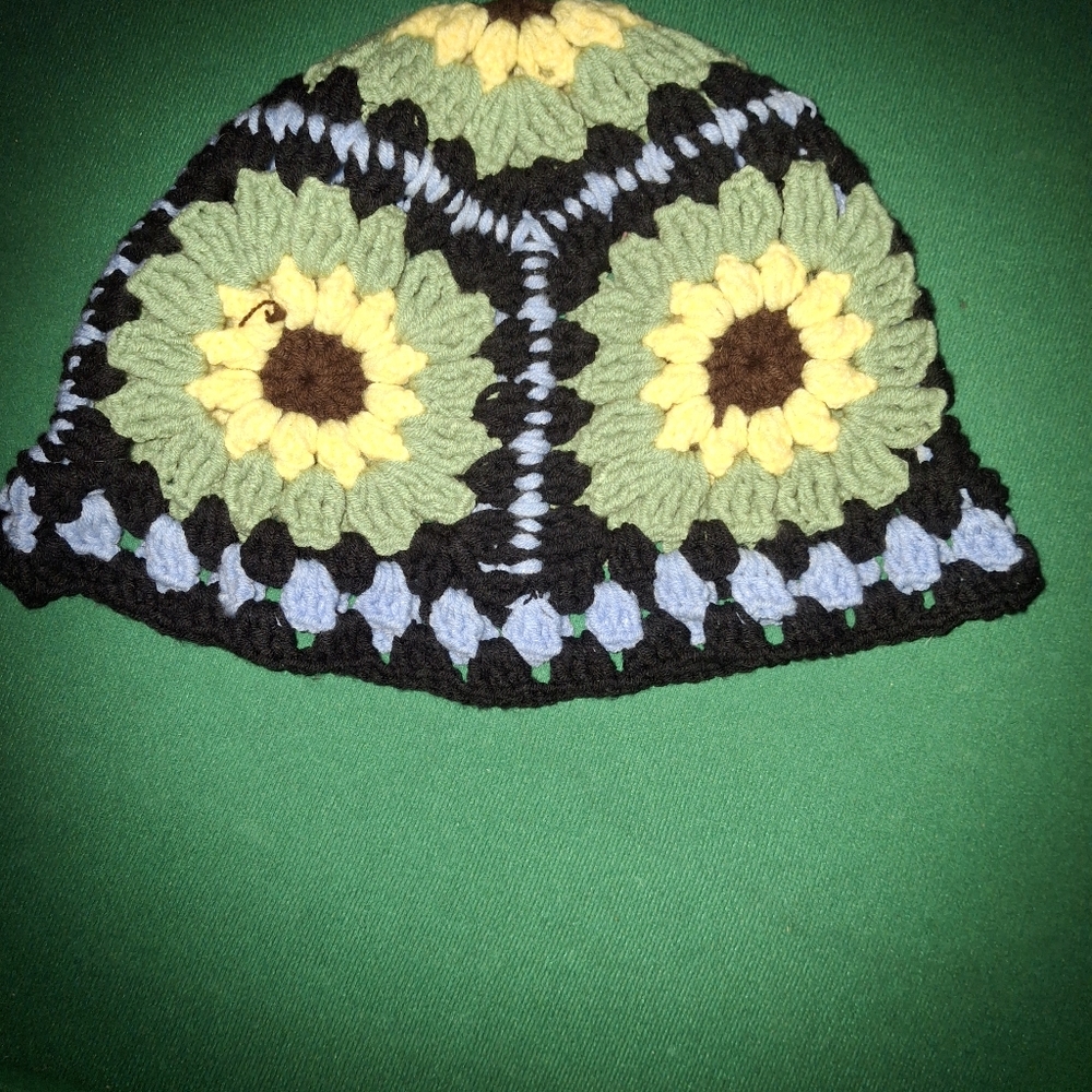 Handmade Crochet Floral Hat - Black, Green, Yellow - Picture 2 of 2